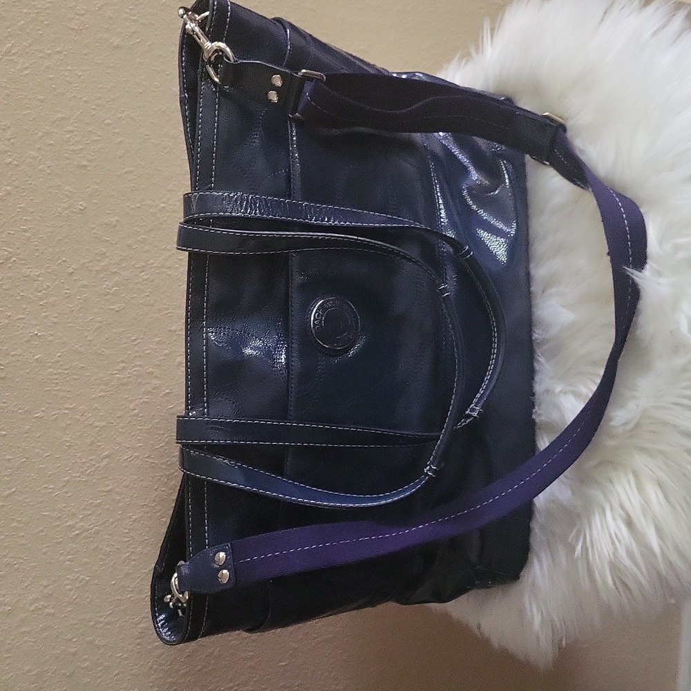 Coach Blue Signature Stitched Patent Leather Large Shoulder/cross Body Bag